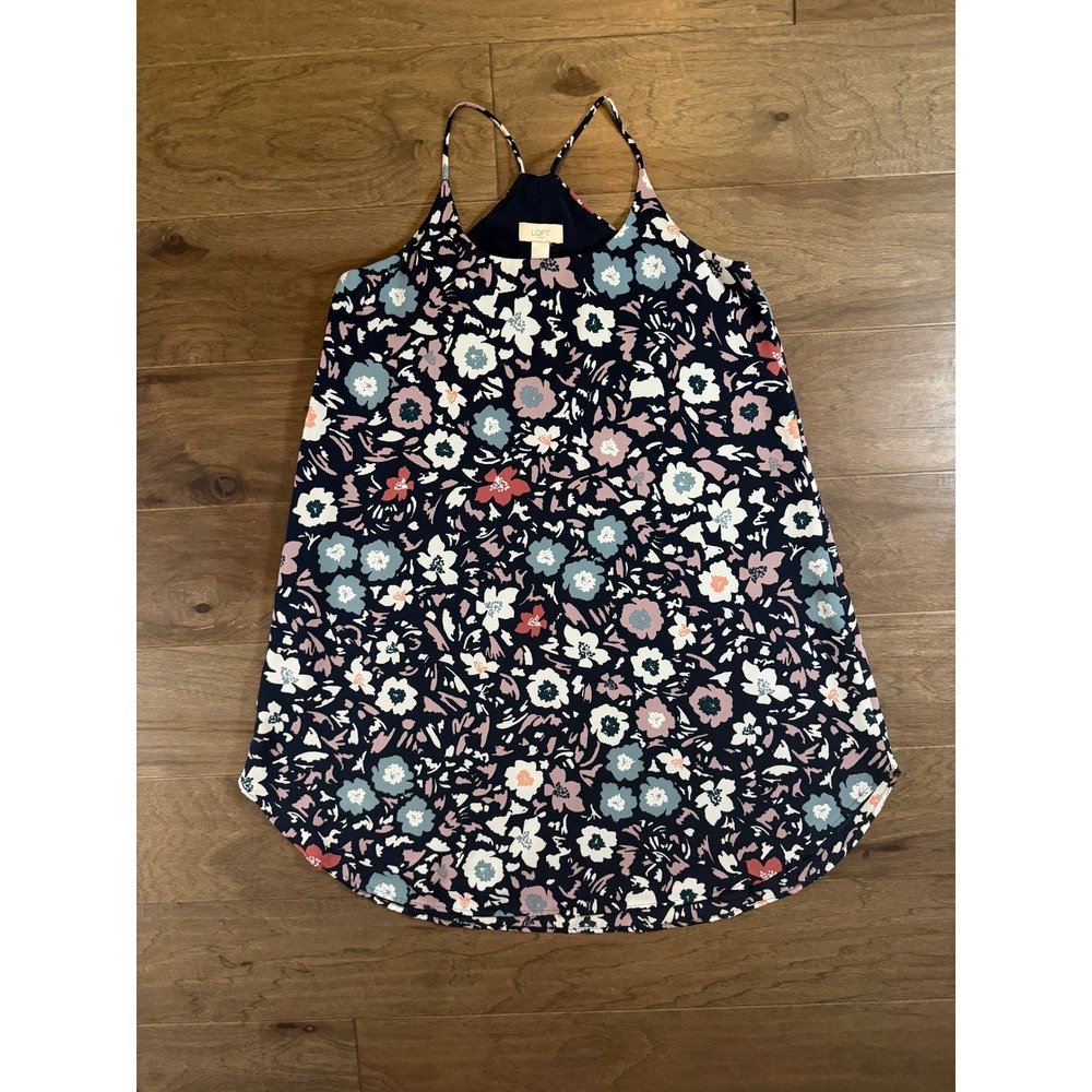LOFT Outlet Navy Floral Racerback Dress Small Sleeveless Curved Hem